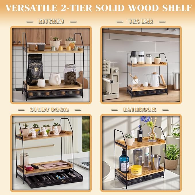 Coffee Bar Station Organizer | 2-Tier Wooden Shelf with Drawer for K-Cup & Nespresso Pod Storage, Tea Bar Accessories and Coffee Pod Holder for Kitchen, Countertop, Office