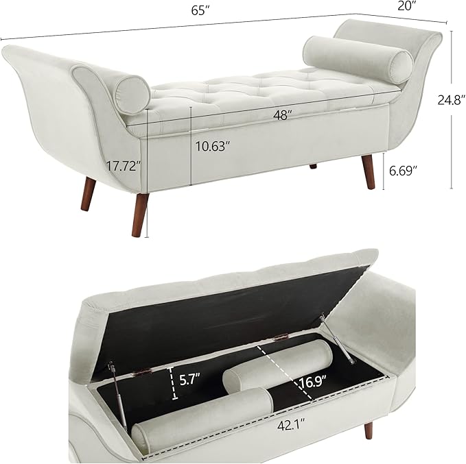 Velvet Storage Bench for Bedroom End of Bed with 2 Pillow, Upholstered Button Tufted Storage Ottoman Bench Footstool Rolled Arm Solid Wood Legs for Entryway Living Room Dining Room (Beige)