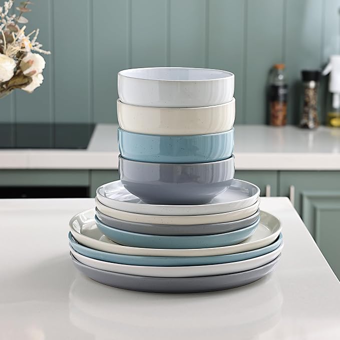 GBHOME Dinnerware Set for 4, GBHOME 12 Pieces Speckled Glaze Plates and Bowls Sets, Handmade Scratch Resistant Stoneware Dishes Set (Service for 4)