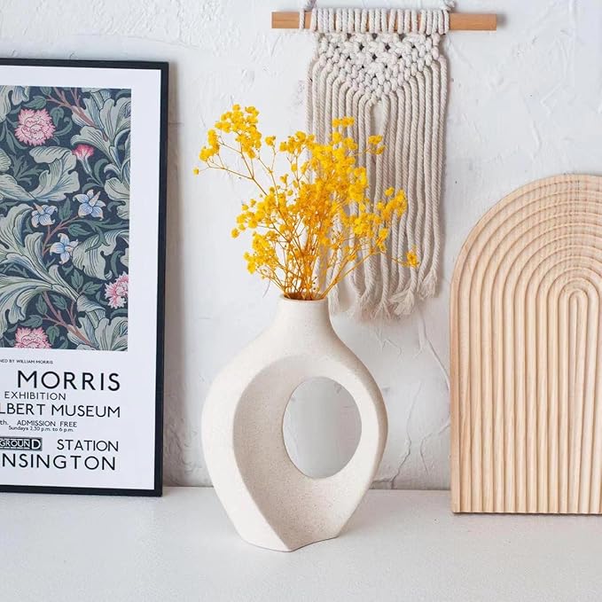 Liotww Ceramic Vases for Home Decor Set of 2, Off White Boho Small Flower Vase, Minimalist Decorative Modern Donut Vase for Living Dining Room Office Entryway Book Shelf Coffee Console Table Décor