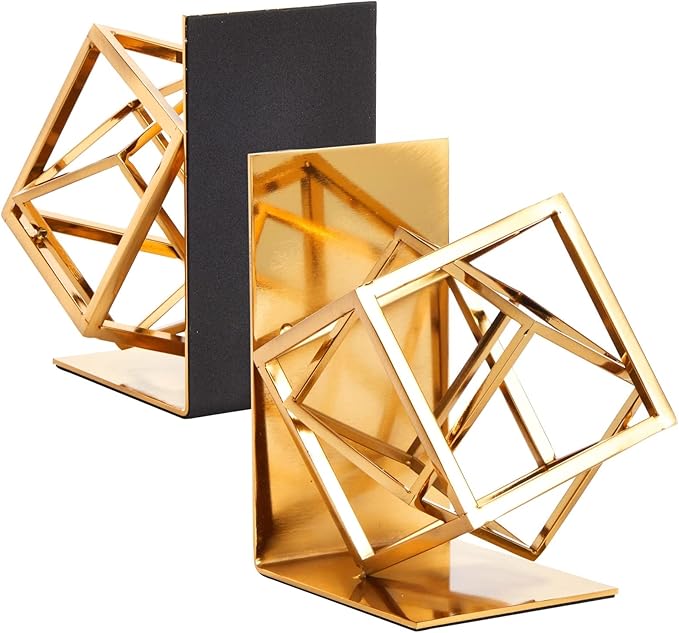 Juvale Gold Bookends - Heavy-Duty Metal Book Ends for Bookshelf Decor - Geometric Square Style for Decorative Books Display for Coffee Table & End Table Decor - 5 x 6 x 3 in, Pack of 2