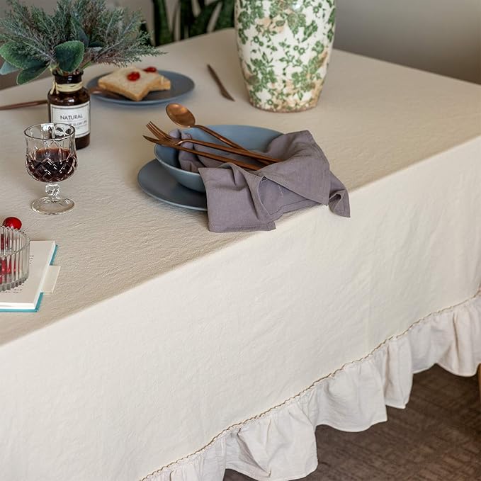 GLORY SEASON Retro Farmhouse Ruffle Tablecloth Cotton Flounces Trim Washable Table Cover Tablecloths for Rectangle Table Baby Shower Kitchen Party Wedding Decor,60''x120''