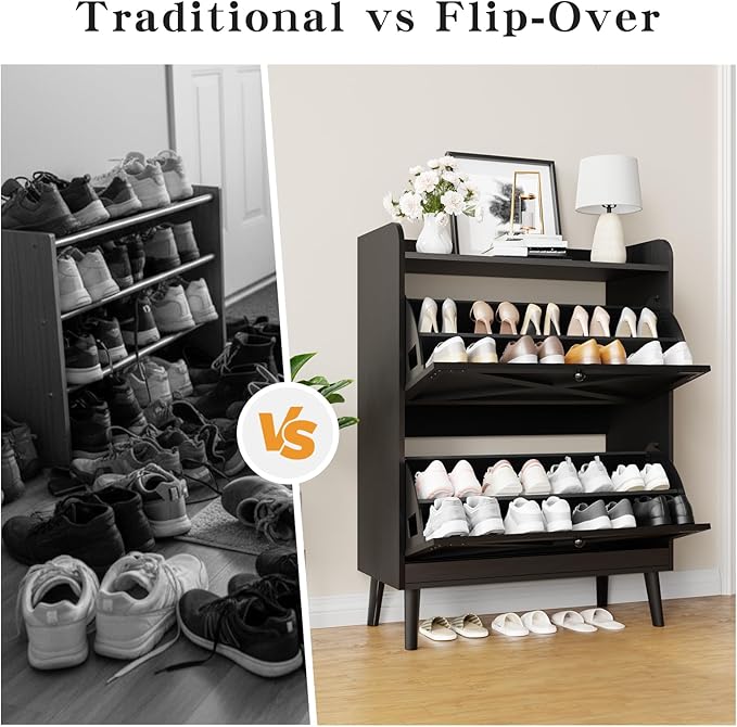 Shoe Storage Cabinet with 2 Flip Drawers & Adjustable Shelves,Narrow Shoe Organizer Cabinet with Doors Side Hooks Wooden Shoe Rack Cabinet for Entryway,Hallway,Black