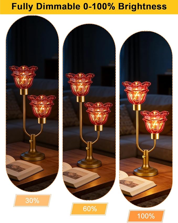 Lightdot Mid Century Modern Flower Glass Table Lamp Gold Dimmable Red Desk Lamps 2 Bulbs Included 3000K Warmwhite Bedside Nightstand Ambiance Lamp for Living Room Bedroom