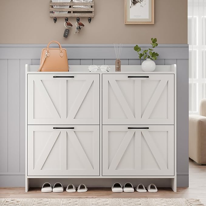MU Shoe Storage Cabinet with 4 Flip Drawers, Freestanding Shoe Cabinet, Slim Shoe Organizer with Wood Legs for Entryway, White