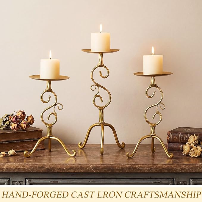 Set of 3 Iron Gold Candlestick Holder Metal Vintage Candle Holder 11.8, 9.8, 6.3 Inch Tall Decorative Wrought Iron Pillar Candle Sconce Home Decor Wedding Dinning Party Anniversary(Classic)