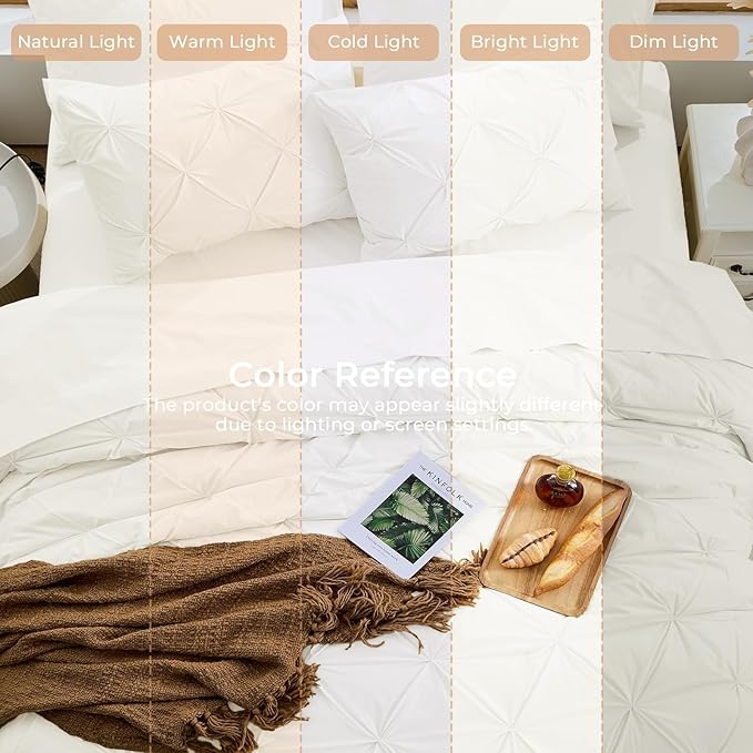 Sasttie King Size Comforter Set, 7-Piece Bed in a Bag, Pintuck Bedding Set for All Season, Includes Comforter, Flat Sheet, Fitted Sheet, Pillowcases and Pillowshams, Ivory