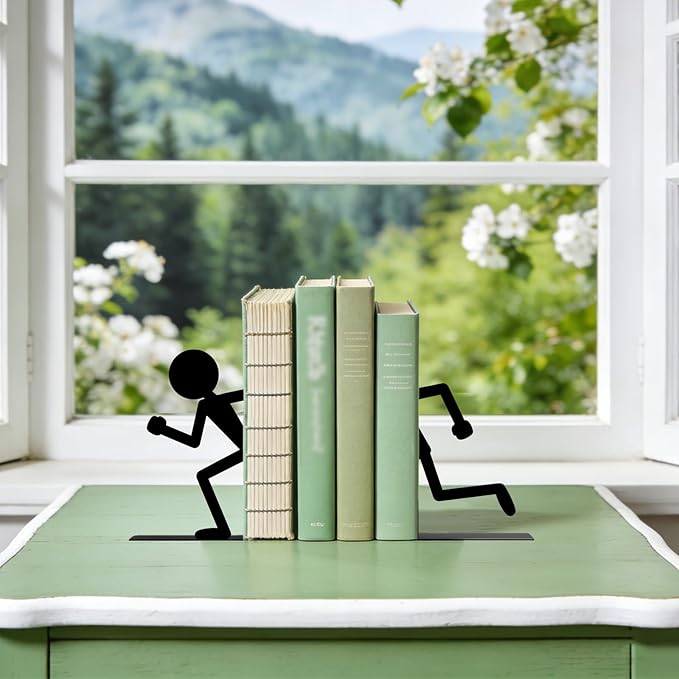 Metal Bookends Running People Bookends Decorative Cute Book Ends for Shelves Bookshelf Reading Decor Bookshelf Decor Space-Saving Desk Organizer for Book Lovers Gift