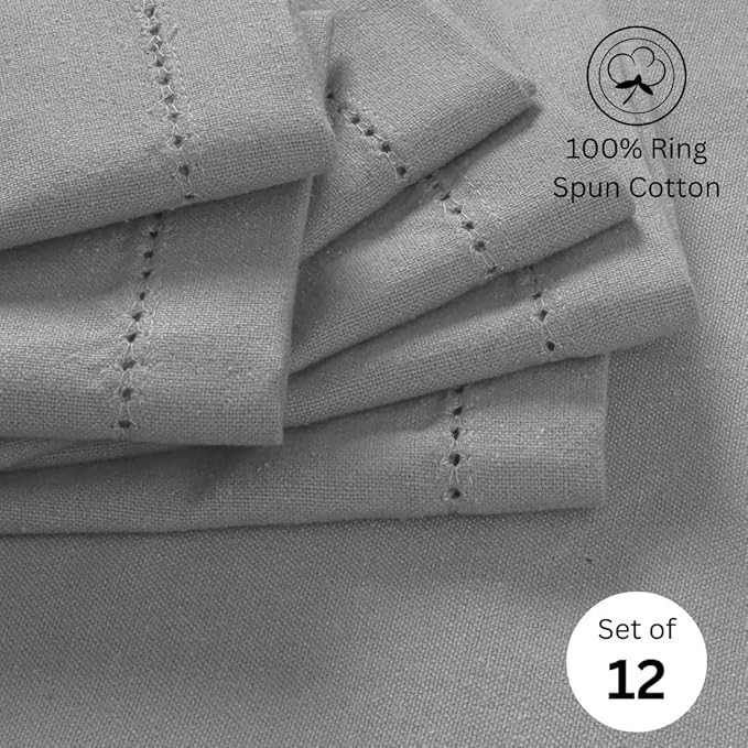 Hemstitch Cloth Dinner Napkins 100% Cotton Set of 12 - for Dining Special Occasions Weddings Parties Holidays Easter - Soft Durable Washable - 18x18 Inch Table Cloth Napkins Light Grey