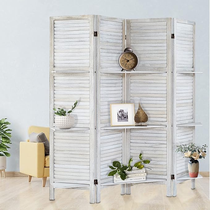 Room Divider with Shelves, Privacy Screen, Room Dividers and Folding Privacy Screens, 4 Panel Wood Temporary Wall Partition Separation Separator, Distressed White