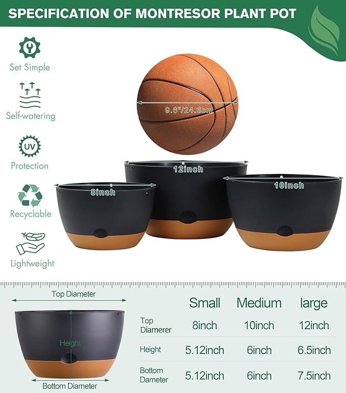 3 Pack 8/10/12 Inch Hanging Planters for Indoor Plants with Self-Watering Includes Hanging Pots for Plants, Outdoor Hanging Flower Pots with Drainage, and 2 Types of Hanging Baskets Hangers (Black)