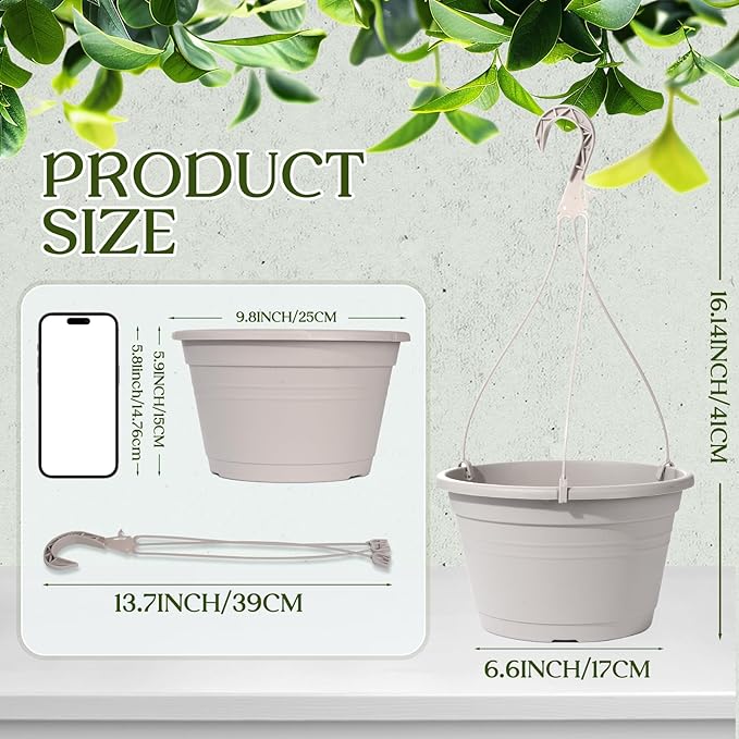 4 Pcs Hanging Planters,10" Hanging Pots Plastic Hanging Flower Plant Basket with Drainage Trays & Chain Holder for Outdoor Indoor Plants Garden Balcony Decoration, Light Gray