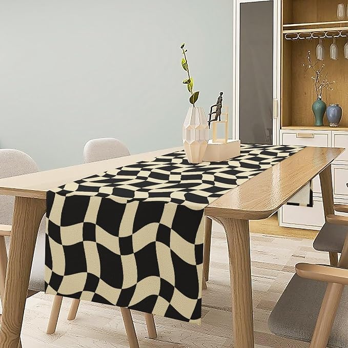 Retro Checkered Table Runner 60s 70s Vintage Twisted Black White Groovy Trendy Wavy Hippie Grid Dinner Runner for Home Kitchen Dining Table Party Holiday Decor 13"x90"