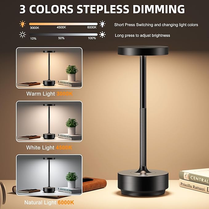 2-Pack Cordless Table Lamp Rechargeable, 5000mAh Battery Operated LED, Touch 3-Color Stepless Dimming, IP54 Waterproof Wireless Lamp for Bedroom Dining Restaurant Patio Outdoor – Black
