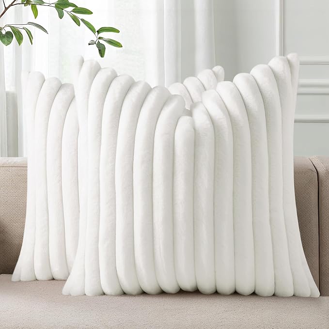 Pallene Faux Fur Plush Throw Pillow Covers 22x22 Set of 2, Luxury Soft Fluffy Striped Decorative Pillow Covers for Sofa, Couch, Living Room, White