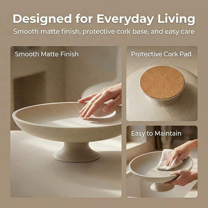 Beige Decorative Fruit Bowl, 11.45" Large Modern Pedestal Bowl for Kitchen Counter, Coffee Table, Entryway Table, Centerpiece Catch All Key Bowl