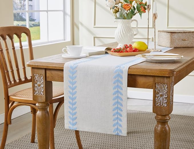 Wracra Embroidered Table Runner Irregular Willow Leaf Table Runners 48 Inches Long for Dresser Home Dining Table Decor,14 x 48 Inch, Blue