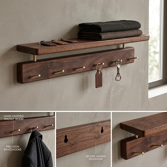 Wall Mounted Coat Rack with Shelf, Wooden Entryway Organizer with 5 Hooks, Wall Shelf with Hooks for Hallway, Bedroom, Bathroom (Walnut, 14.96inch/5 Hooks)