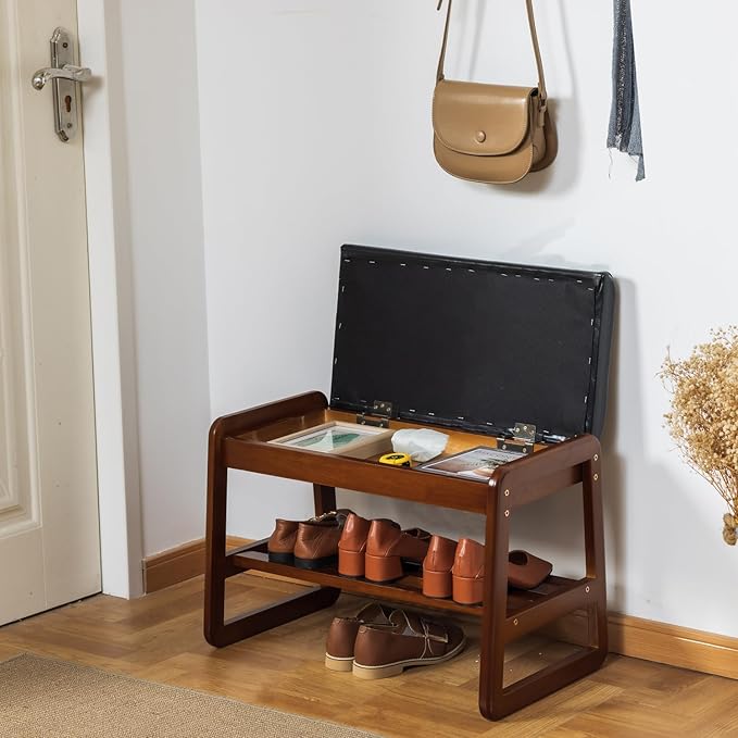 Shoe Bench with Storage - 2-Tier Entryway Bench, Solid Wood Shoe Rack with Cushion & Flip-Open Box, Mid-Century Modern for Hallway, Mudroom, Bedroom (Black, 21.65")