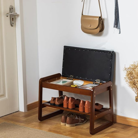 Shoe Bench with Storage - 2-Tier Entryway Bench, Solid Wood Shoe Rack with Cushion & Flip-Open Box, Mid-Century Modern for Hallway, Mudroom, Bedroom (Black, 21.65")