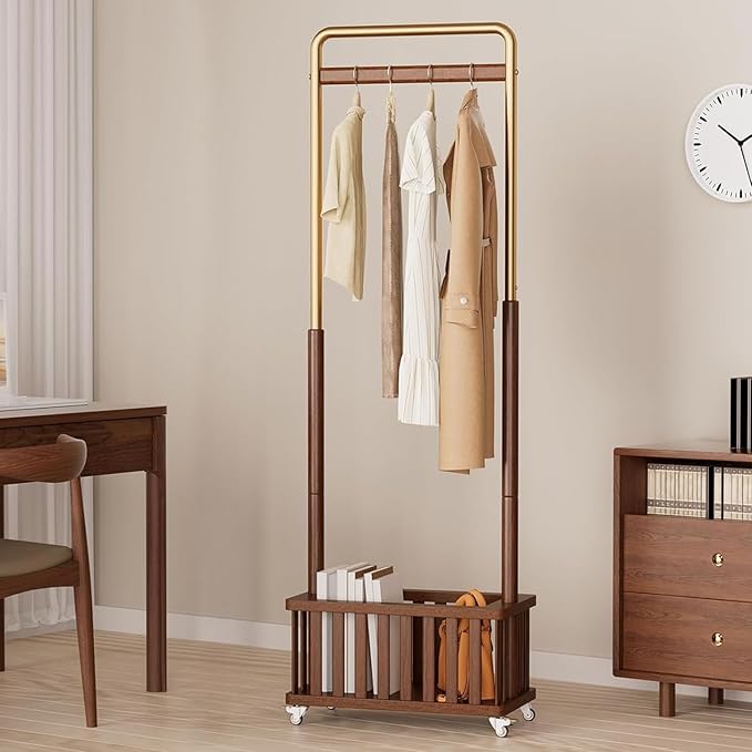 Taitiy Clothes Rack Solid Wood Coat Rack, Metal and Solid Wood Combination Clothing Rack with Wheels for Entryway, Bedroom, Living Room, Coat Racks Freestanding for Hanging Clothes Garment Scarf