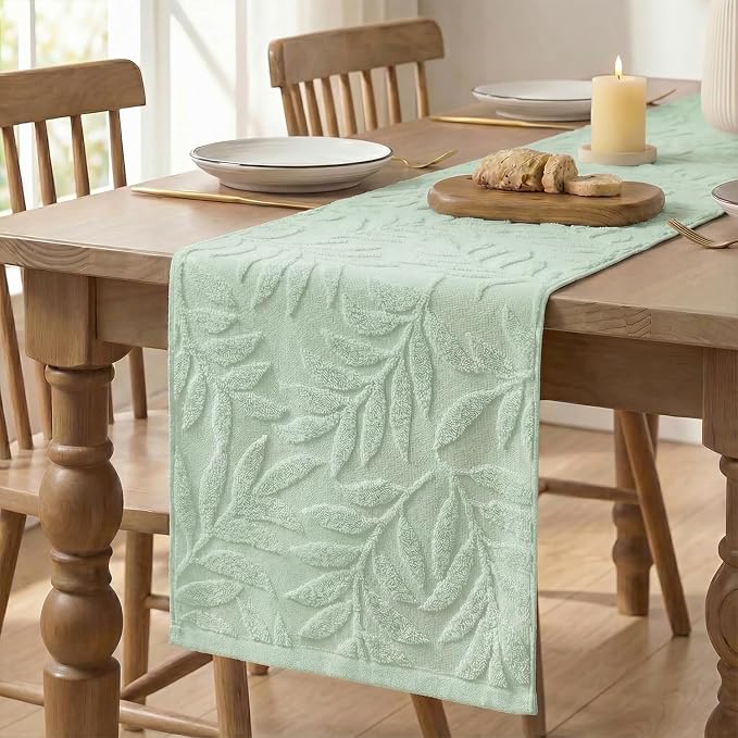 Artoid Mode Sage Green Soft 3D Jacquard Leaves 100%Cotton Spring Table Runner, Holiday Kitchen Dining Table Decoration for Home Party Decor 13x72 Inch