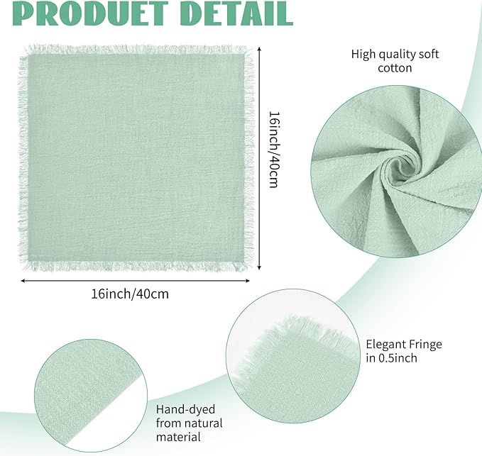 60 Packs Sage Green Napkins 16x16 Inch, Cotton Linen Handmade Cloth Napkins Bulk with Fringe - Soft Rustic Boho Napkins for Wedding, Party, Christmas Event Dinner Birthday Table Decor
