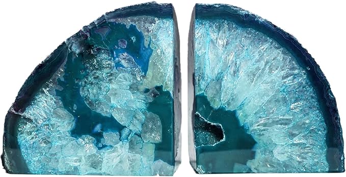 AMOYSTONE Teal Agate Geode Bookends, Unique Natural Crystal Book Holder 2-3 LBS with Rubber Bumpers, Sujetalibros for Small Books and Kitchen Cookbooks, Stylish and Functional