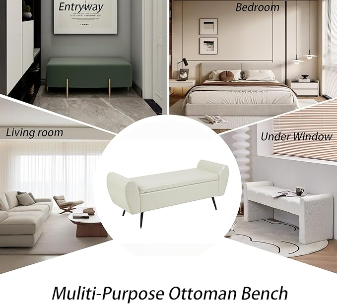 Storage Bench for Bedroom, 57" Extra Long Bench for King Size Bed, Modern Upholstered End of Bed Ottoman Bench with Arms for Entryway Living Room (Vegan Leather, Beige)