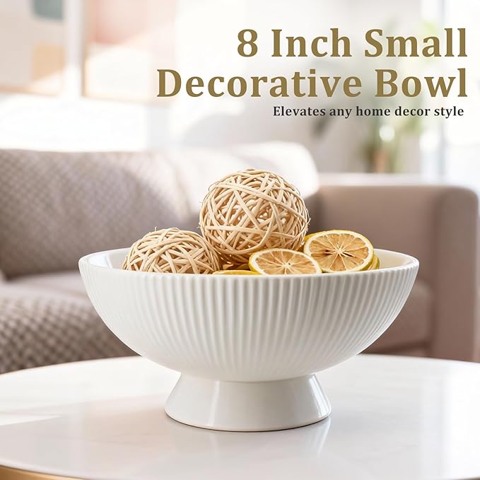 Gutedeal Small Decorative Bowl 8 Inch Multi-Use White Ceramic Fruit & Key Bowl for Kitchen, Entryway, Centerpiece Modern Handcrafted Home Decor Pedestal Bowl & Wedding Gift