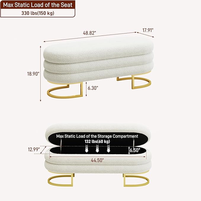 Vabches 49" Ottoman with Storage, Storage Bench with Golden Metal Leg Large Oval Upholstered Linen End of Bed Bench for Living Room, Bedroom, Window & Entryway, 330 lb Capacity, White