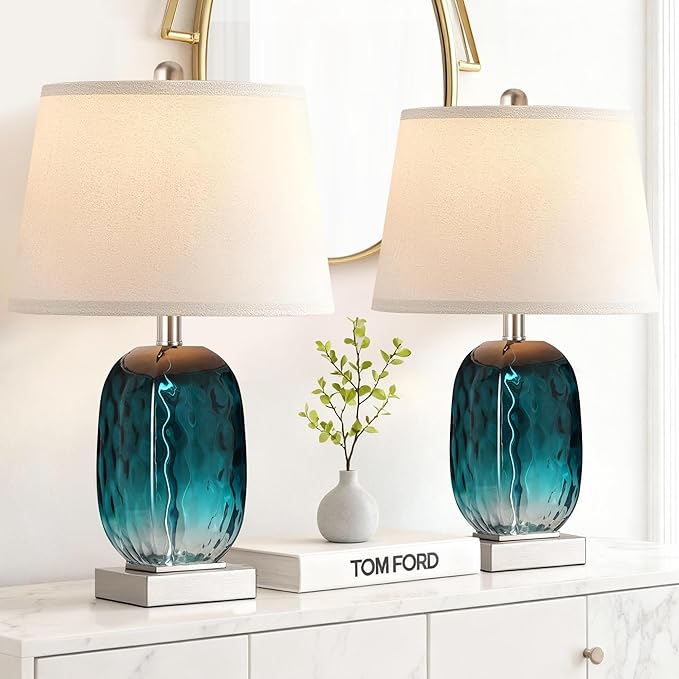 Table Lamp Set of 2 Touch Control, Coastal Teal Blue Glass Bedside Lamp with USB A+C Ports, 3-Way Dimmable Beach Nightstand Lamps with White Fabric Shade for Living Room Bedroom (LED Bulbs Included)