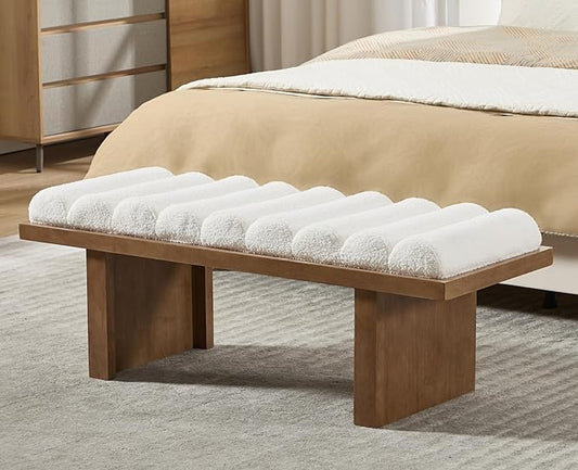 ROCITY 47 Inch End of Bed Bench, Modern Upholstered Entryway Bench with Natural Wooden Base/Padded Cylindrical Cushion, Boucle Fabric Ottoman Bench for Bedroom, Living Room, Sherpa White