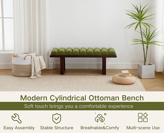 Shunzhi Modern Green Velvet Bedroom Bench 47 Inch Upholstered Fabric End of Bed Bench Wooden Entryway Bench with Cylindrical Cushion Window Bench for Living Room/Hallway
