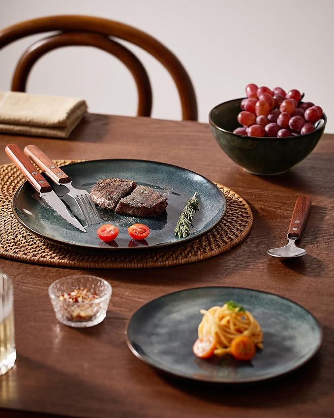 Famiware Dinnerware Sets for 8, Ocean Round 24-Piece Kitchen Plates and Bowls Sets, Microwave and Dishwasher Safe, Scratch Resistant, Deep Forest
