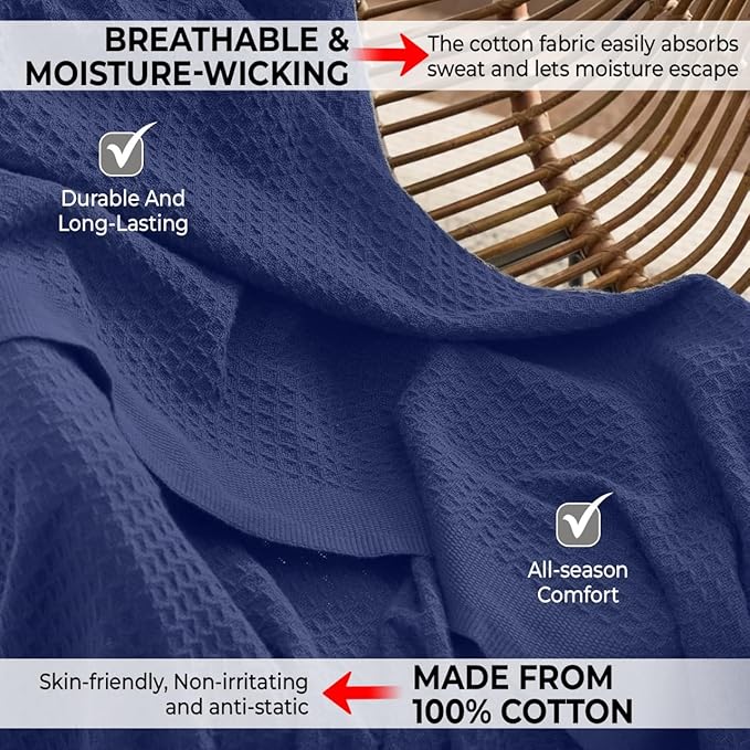 100% Cotton Blankets for Bed - Waffle Weave Blankets for Summer, Lightweight and Breathable Soft Woven Blanket for Spring (Navy, King (90" x 108"))