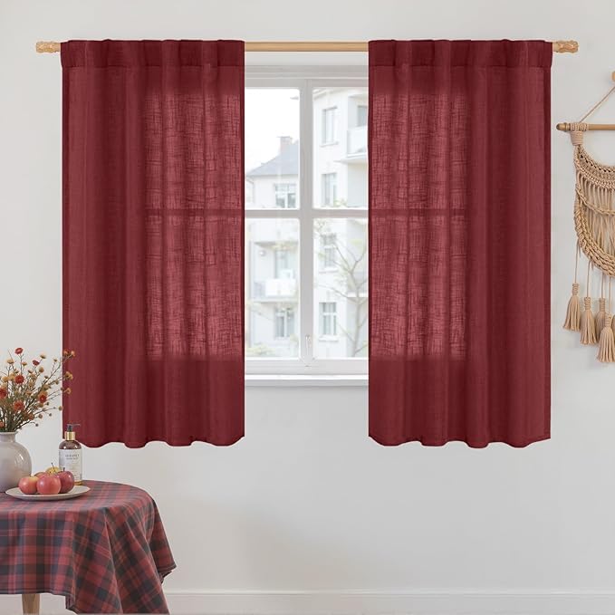 LAMIT 54 Inch Semi Sheer Window Linen Curtains, Light Filtering Panels Back Tab and Rod Pocket Christmas Decor Drapes for Bedroom/Farmhouse, Burgundy Red, 2 Panels, 34 x 54 Inch