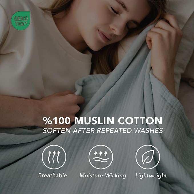 Goqan Muslin Blanket King Size 90x108 – 100% Turkish Cotton 4 Layer Boho Muslin Blanket for Adults, Four Season, Lightweight and Thin, Soft, Breathable for Bed, Couch - Aqua Green