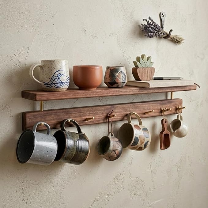 Wall Mounted Coat Rack with Shelf, Wooden Entryway Organizer with 6 Hooks, Wall Shelf with Hooks for Hallway, Bedroom, Bathroom (Walnut, 18.11inch/6 Hooks)
