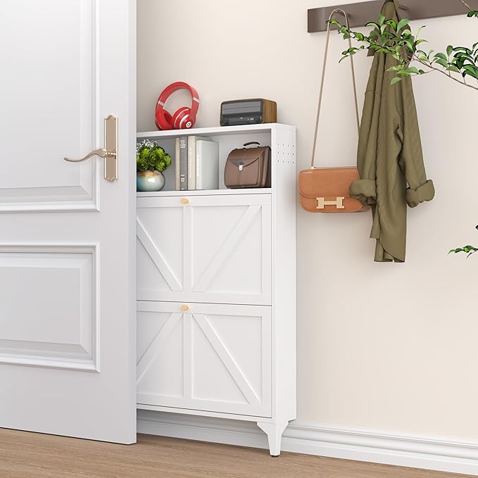 Farmhouse Shoe Storage Cabinet with 2 Flip Drawers, Slim Shoe Cabinets and Barn Door Design, Modern Hidden Slim Narrow Shoe Rack Cabinet for Foyer, Front Door,Living Room,Hallway, White