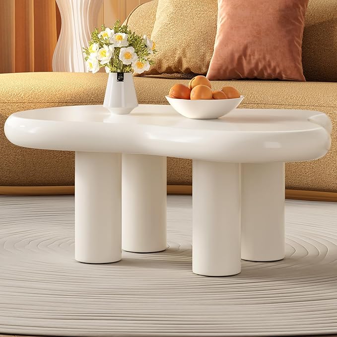 35.43" White Cloud Coffee Table, Modern Round Edge Coffee Table with 4 Sturdy Support Legs and 2.28" Thick Tabletop,Easy Match for Living Room, Bedroom, Balcony, Patio