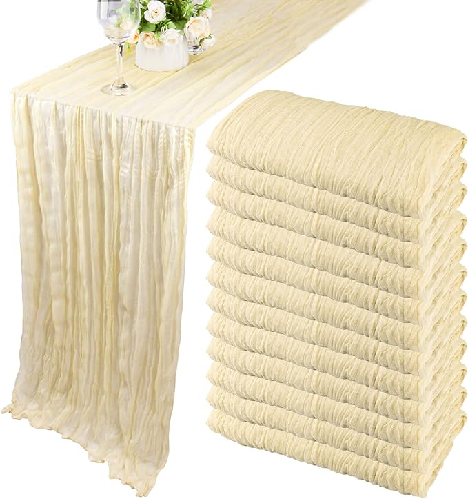Fivenl 12 Pack Cheesecloth Table Runner 35x72 Inch Boho Gauze Table Runner Rustic Cheese Cloth Long Table Runner Romantic Table Runner for Wedding Bridal Shower Birthday Party Table Decor (Beige)