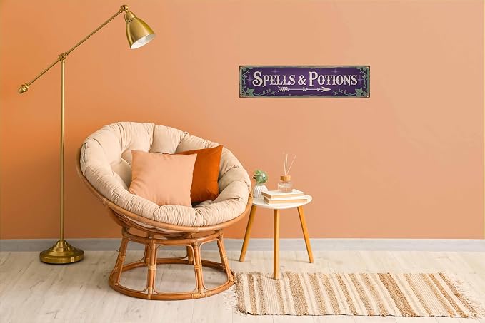 Spells and Potions Metal Sign 4x16in Whimsical Plaque for Witchy Room Wall Decor
