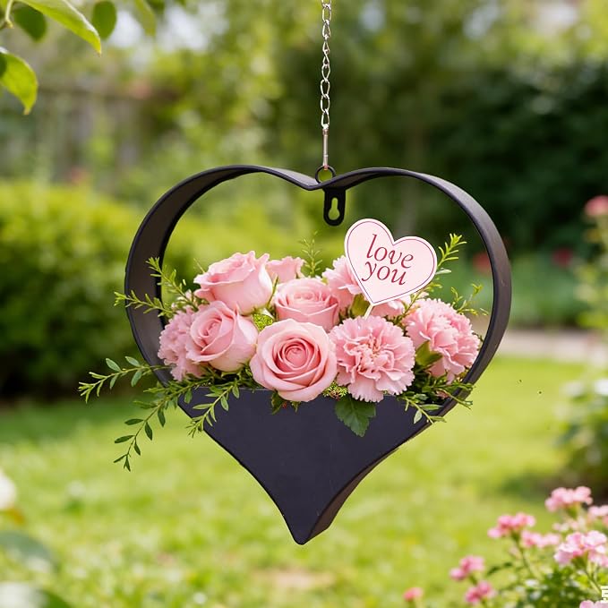 Metal Plant Hangers Indoor and Outdoor: Birthday Gifts for Mom Women Her Wife Garden Lovers - Heart Shape Hanging Planters for Window Wall Living Room Office Decor(Black)