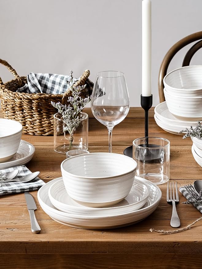 LE TAUCI Plates and Bowls Sets for 4, 12 Piece Ceramic Dinnerware Sets, Modern Stoneware Kitchen Dish Set, Chip Resistant, Microwave & Dishwasher Safe, Arctic White