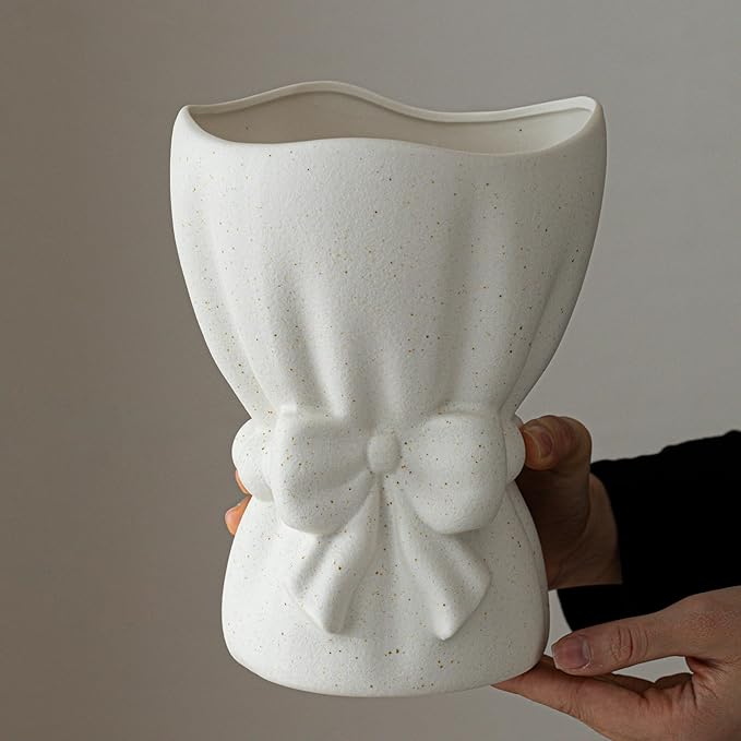 Lvases Bow Knot Ceramic Flower Vase, Textured Frosted Speckled White Minimalist Vases for Home Decor Bedroom Living Room Table Centerpiece