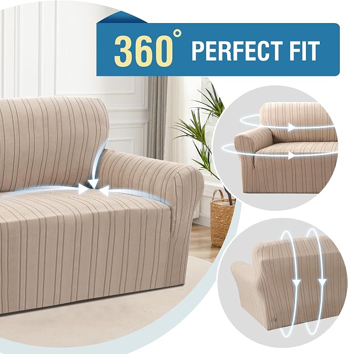 H.VERSAILTEX High Stretch Chair Covers 1-Piece Couch Cover Non Slip Sofa Cover with Elastic Bottom Sofa Covers Washable Polyester Spandex Jacquard Fabric Stripe Design(Armchair-Standard, Sand)