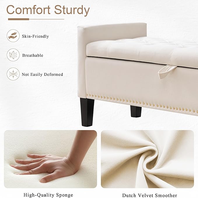 51" Storage Ottoman Bench, Velvet Large End of Bed Bench with Arms, Modern Storage Bench for Living Room, Bedroom, Entryway, Window, Holds up to 500 lb