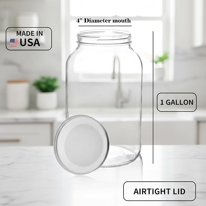 kitchentoolz Gallon Jar 1 Gallon Glass Jar with Lid – Gallon Mason Wide Mouth Large Glass Jar for Fermenting, Pickling, Canning, Fermentation Jar, Kombucha, and Food Storage – Made in USA