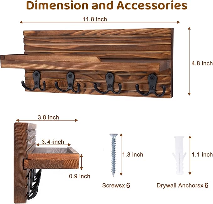 Decorative Key Hanging Rack with 4 Double Hooks – Easy Install Natural Wooden Key and Mail Holder for Wall Mount – Entryway Decor Rack with Shelf (Brown)